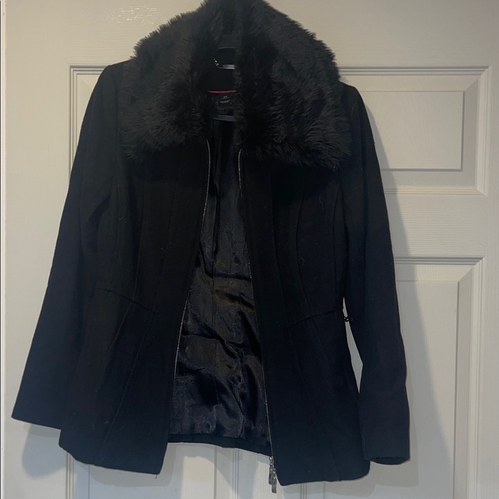 White House Black Market Black Teddy Jacket with Faux Fur Collar